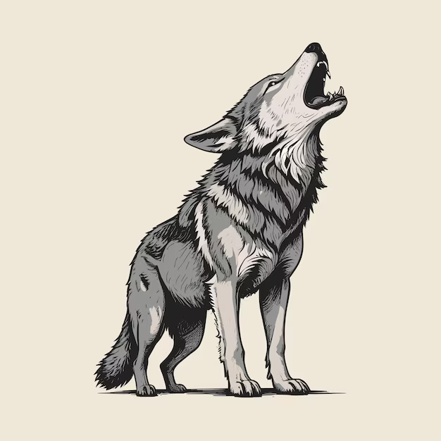 A howling wolf illustrated in black ink